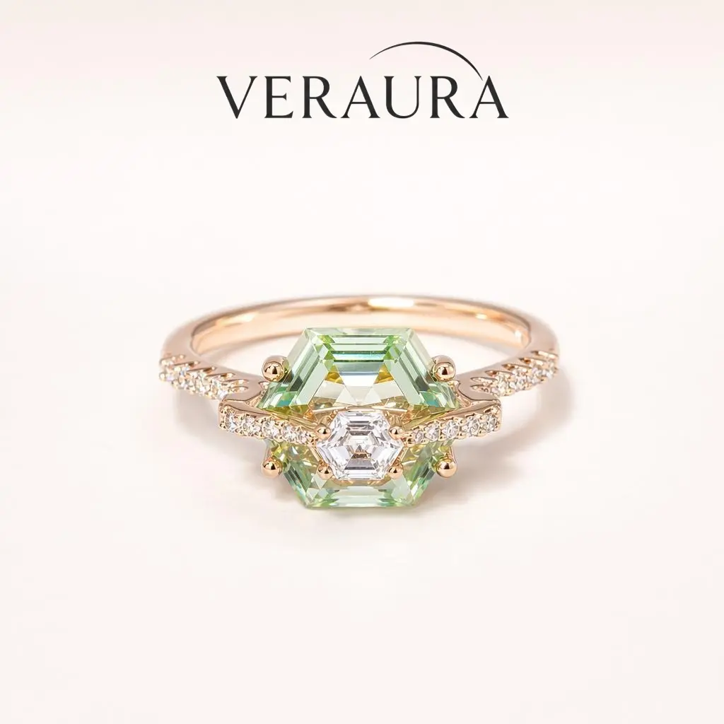 Statement Halo Ring with 2CT Hexagon Green CZ Gemstone, Gold-Plated Nature-Inspired Jewelry, Tarnish-Resistant & Hypoallergenic for Women, Perfect Gift For Her, Cz Gemstones, Everyday Wear, Cz Rings, Elegant Glittering Ring
