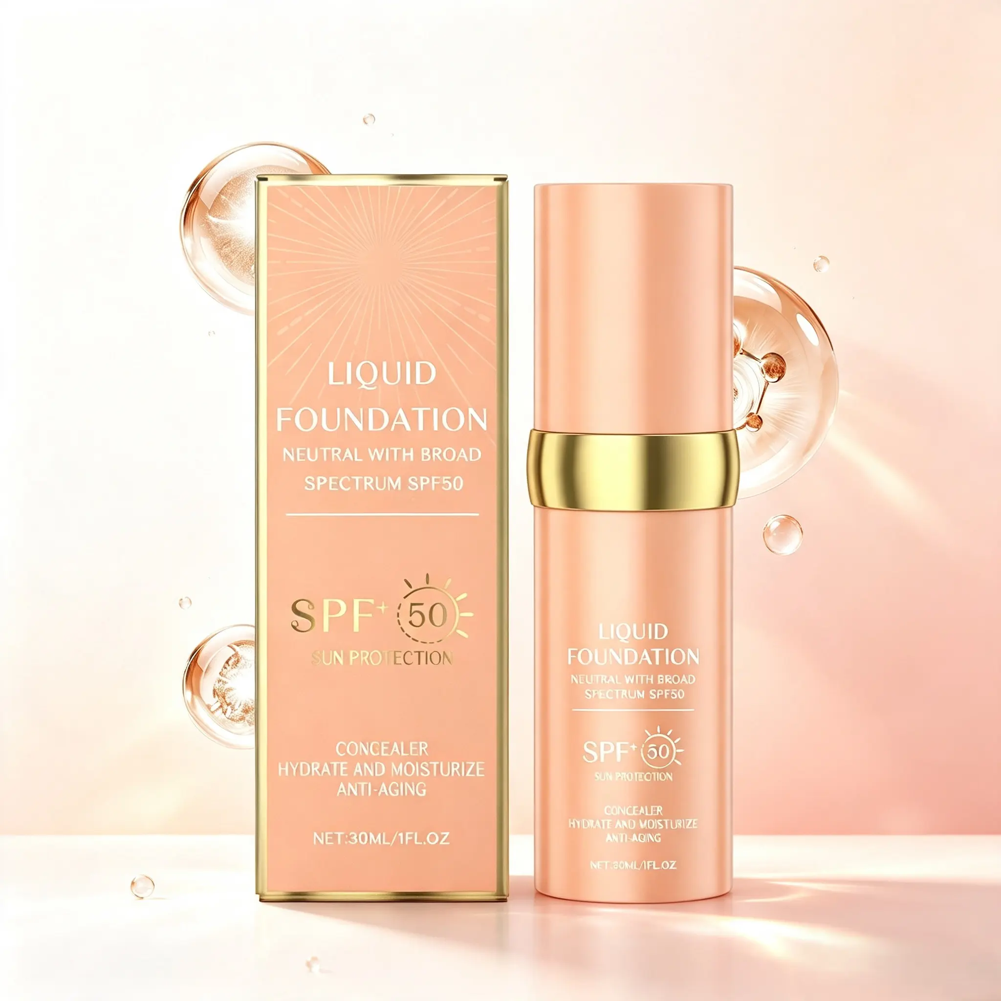 3-in-1 Broad Spectrum SPF50 Liquid Foundation - Moisturizing, Lightweight UV Protection Daily Makeup Base, Anti-Aging Sunscreen Concealer, Natural Glow Medium Coverage, 30ml
