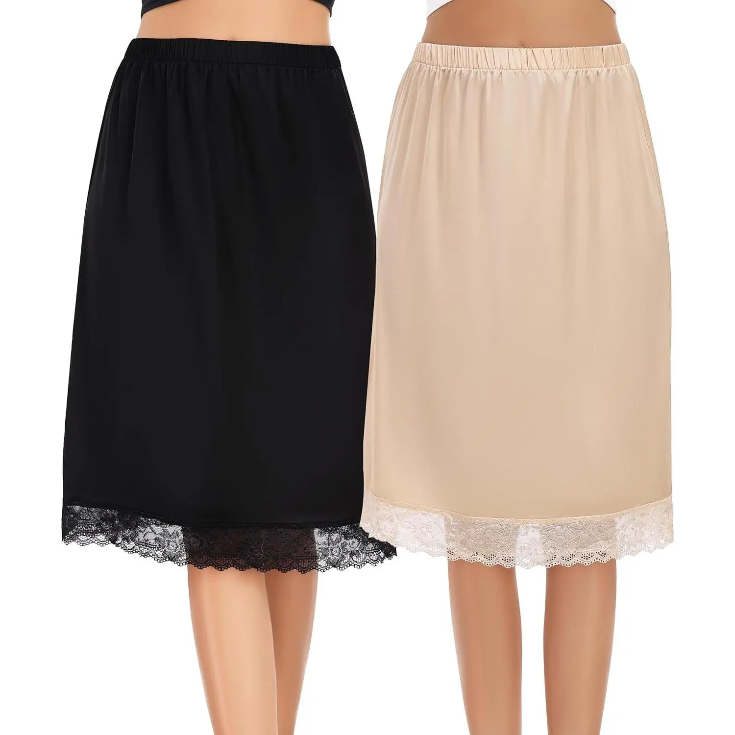 2 Pieces Half Slips for Women Long Underskirt Anti Static Satin Under Skirt with Lace Trim Slip for Skirts Dress S-3XLGift
