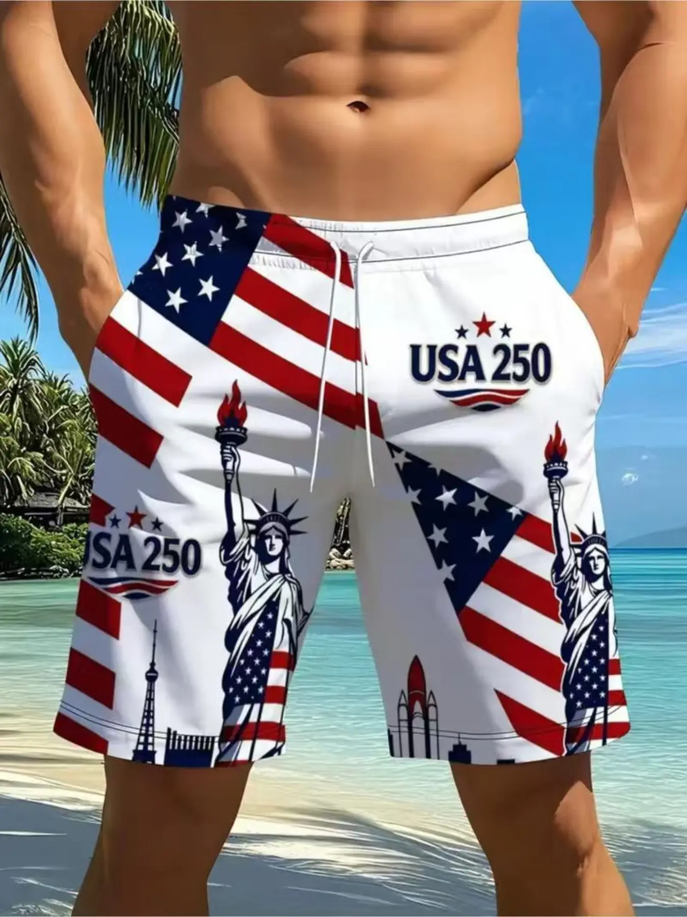 Men's Quick-Dry Flag Print Beach Shorts, Swimming Shorts, Bathing Shorts, Usa 250th Anniversary Statue Pattern Drawstring Swim Trunks, Patriotic Elastic Beach Pants, Summer Swim Bottoms, Summer Beach Trunks