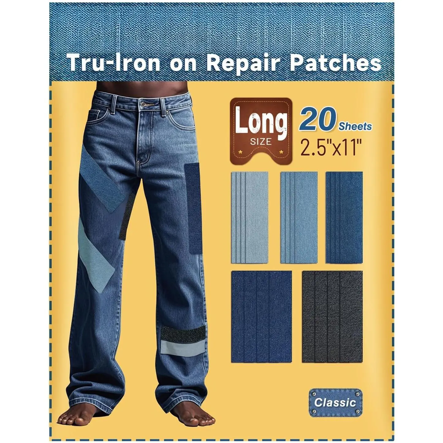 Tru-Iron  Patches for Ripped Jeans(20pcs 2.5"x11", Long Size) Denim Patch for Jeans, Repair Patch for Clothing, Jean Patches Iron- Inside Thigh 5 Colors