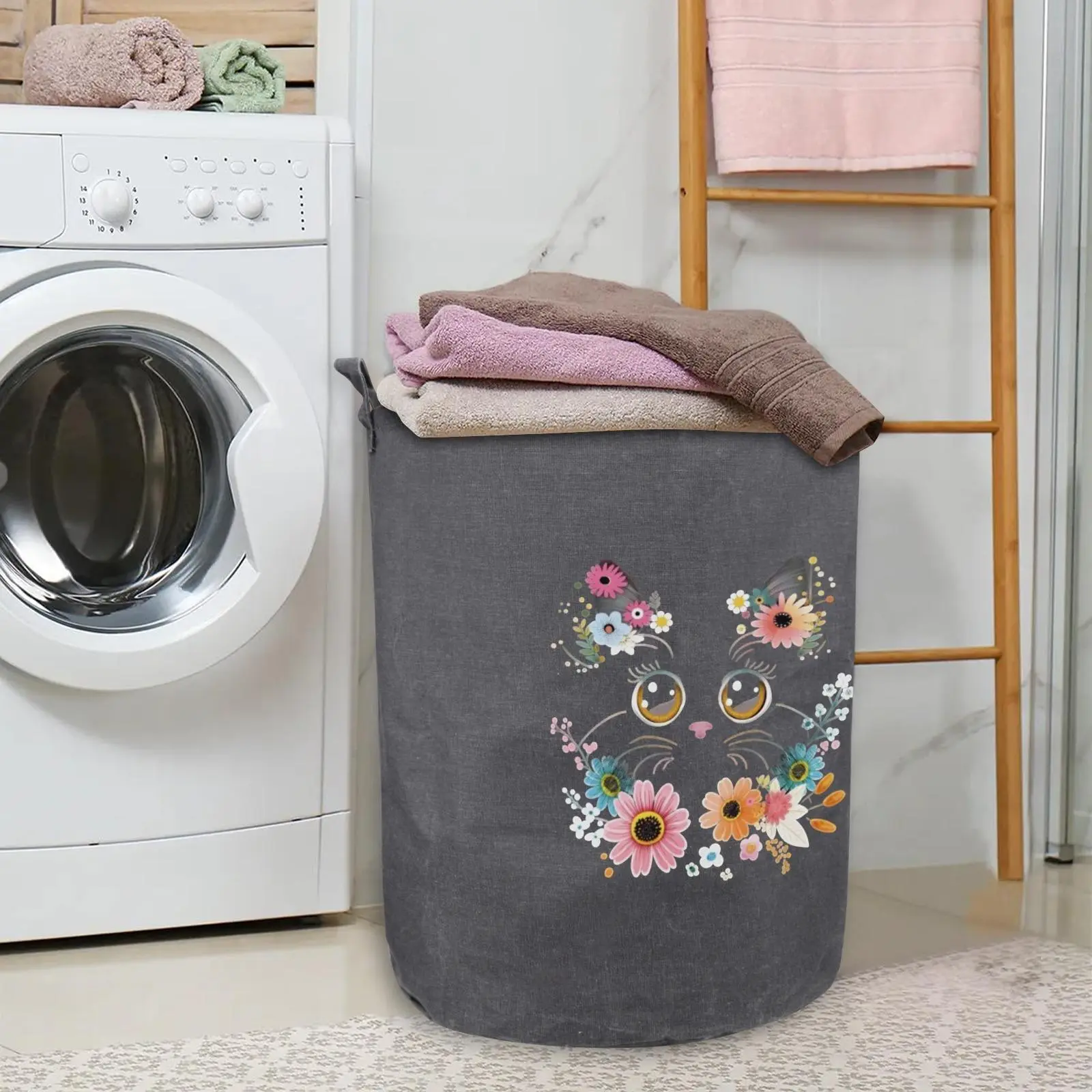 Round Foldable Laundry Bag & Collapsible Laundry Hamper, Cute Floral Outline Kitten Graphic Pattern. Sturdy Storage Organizer Holds Daily Laundry and Pet Supplies, Great for Home Pet Corner with Romantic Boho Floral Room Decor Style.