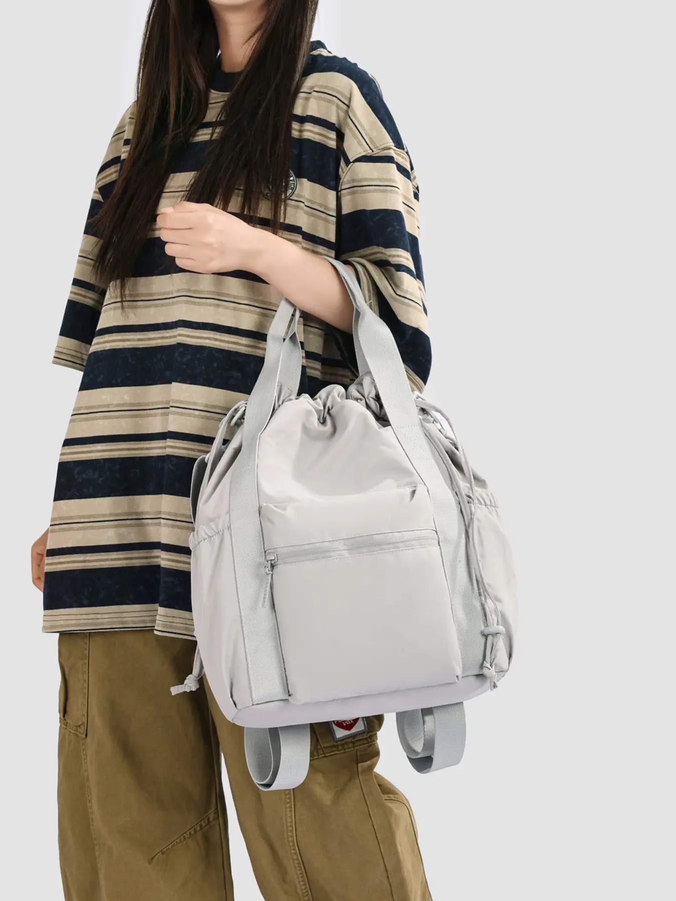 Light Drawstring Multifunctional Tote Bag, Korean Style Casual Front Zip Pocket, Three-In-One Handbag Backpack Shoulder Bag for Women
