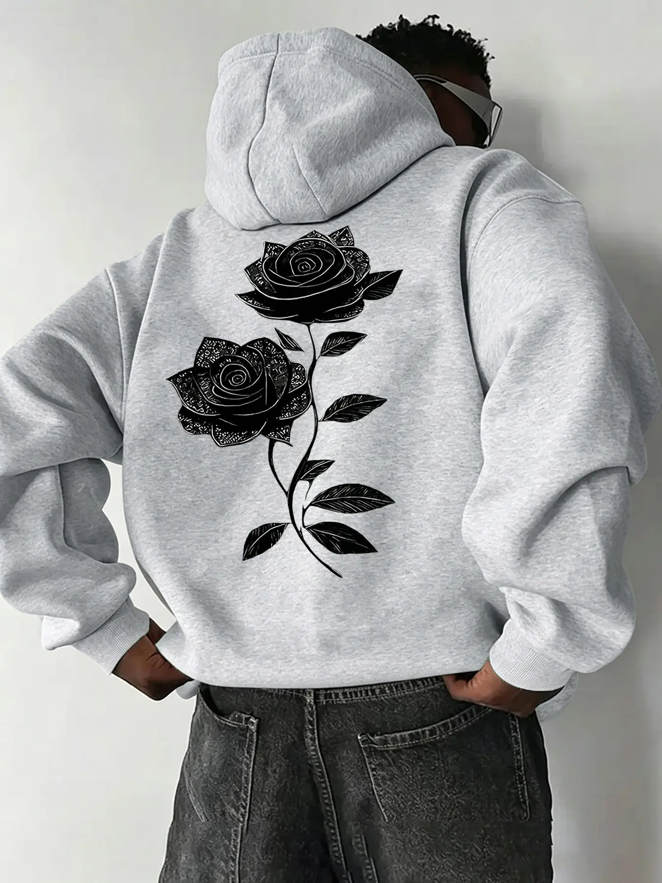 Men's Fall Winter Fashion Graphic Print Hoodie, Streetwear Style, Rose Print, Casual Sporty, Loose Fit, Daily Wear, Outdoor Activities