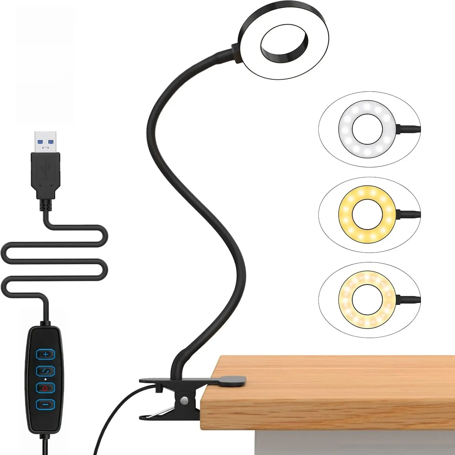Clip-On Reading Lamp, USB Powered, 3 Color Lights, Adjustable Brightness, Portable Book Light, Ideal for Bedroom Bedside/desk Daily Lighting
