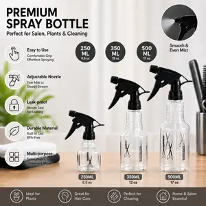 Fine Mist Spray Bottle for Hair, Plants & Cleaning – Refillable Salon Water Mister, Clear Plastic Sprayer, 250/350/500ml
