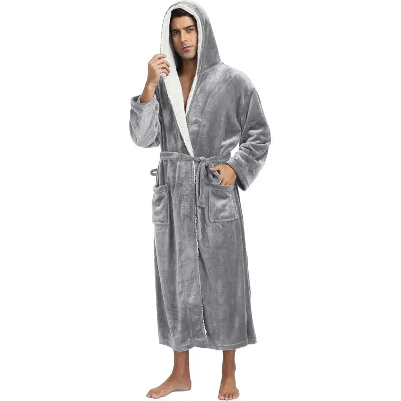 Men’s Plush Flannel Hooded Pocket Robe - Long Warm Fleece Menswear Loungewear Nightwear Bathrobe, Machine Washable for Home Lounging, Winter Gifts for Him