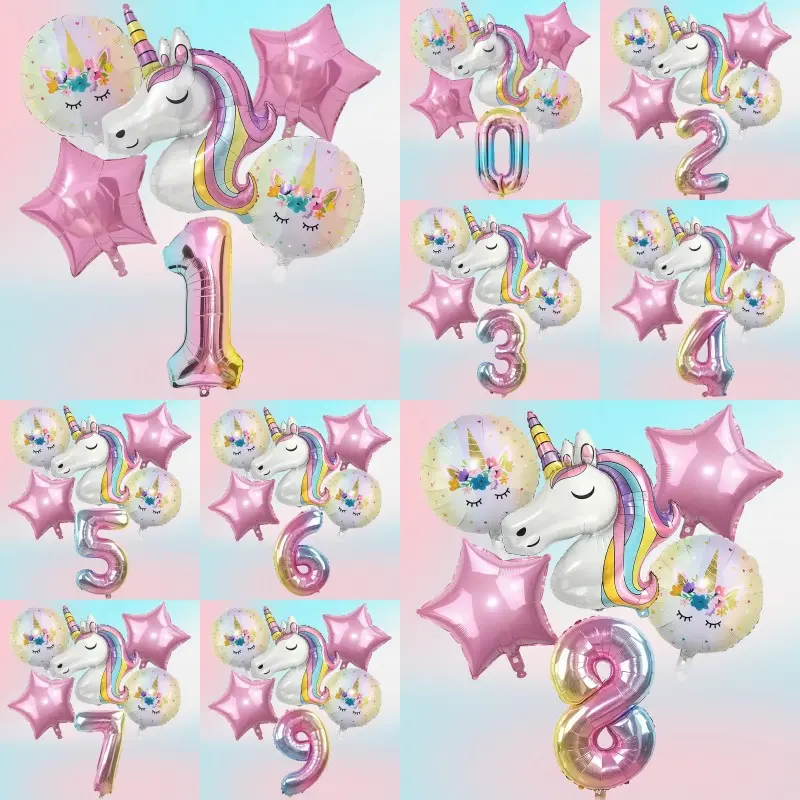 6pcs Unicorn Number Balloon Set, Large Unicorn Head, Flower Balls, Stars, Gradient Balloons, Magical Birthday Party Decorations