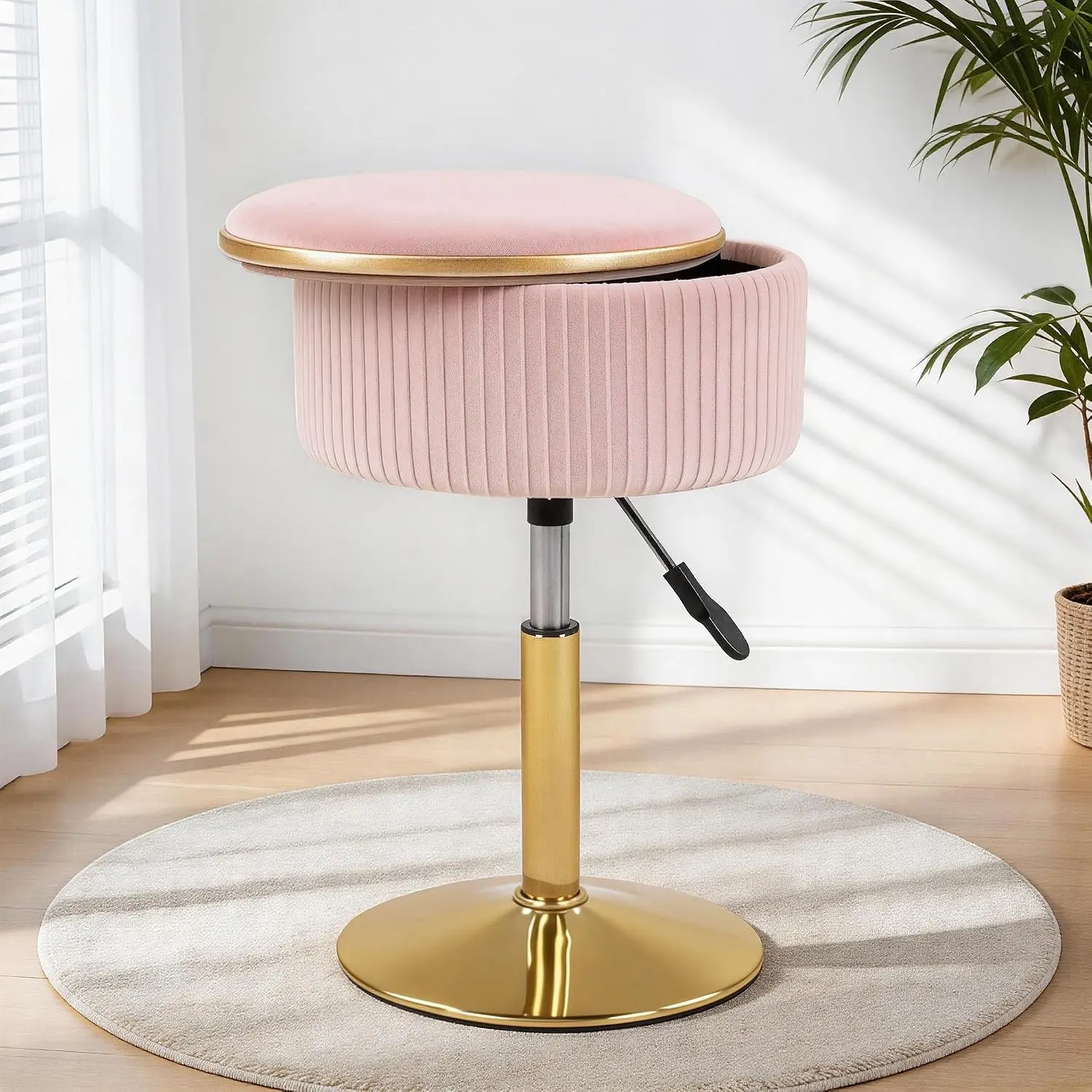 Adjustable Vanity Stool with Storage, 360° Swivel Gold Chair, Velvet Small Round Ottoman Footrest for Bathroom, Makeup Room, Pink