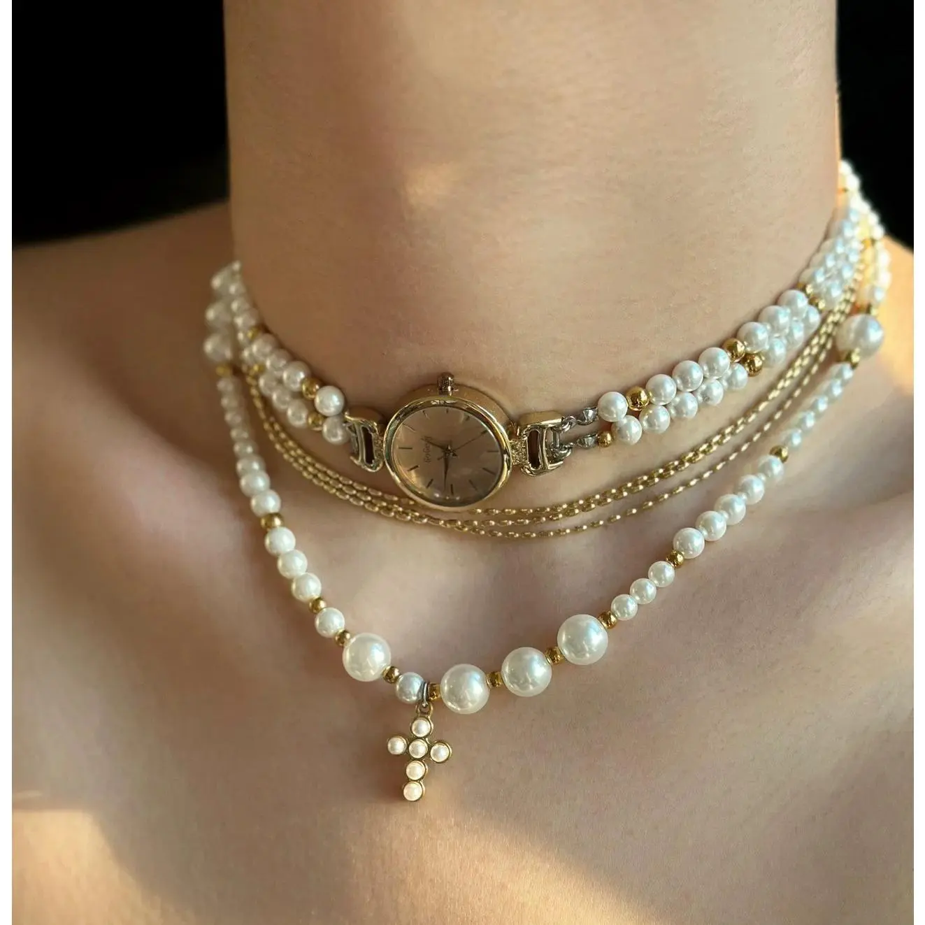 Gold Plated Unisex Vintage Mini Watch Dial Choker - Gradient Glossy Pearls Layered Collarbone Chain, Watch Ornament, Pearl Tassel, Adjustable Extension Chain, Anti-Oxidation Metal, Elegant Punk Casual Wear Jewelry Necklace, Antique Gold