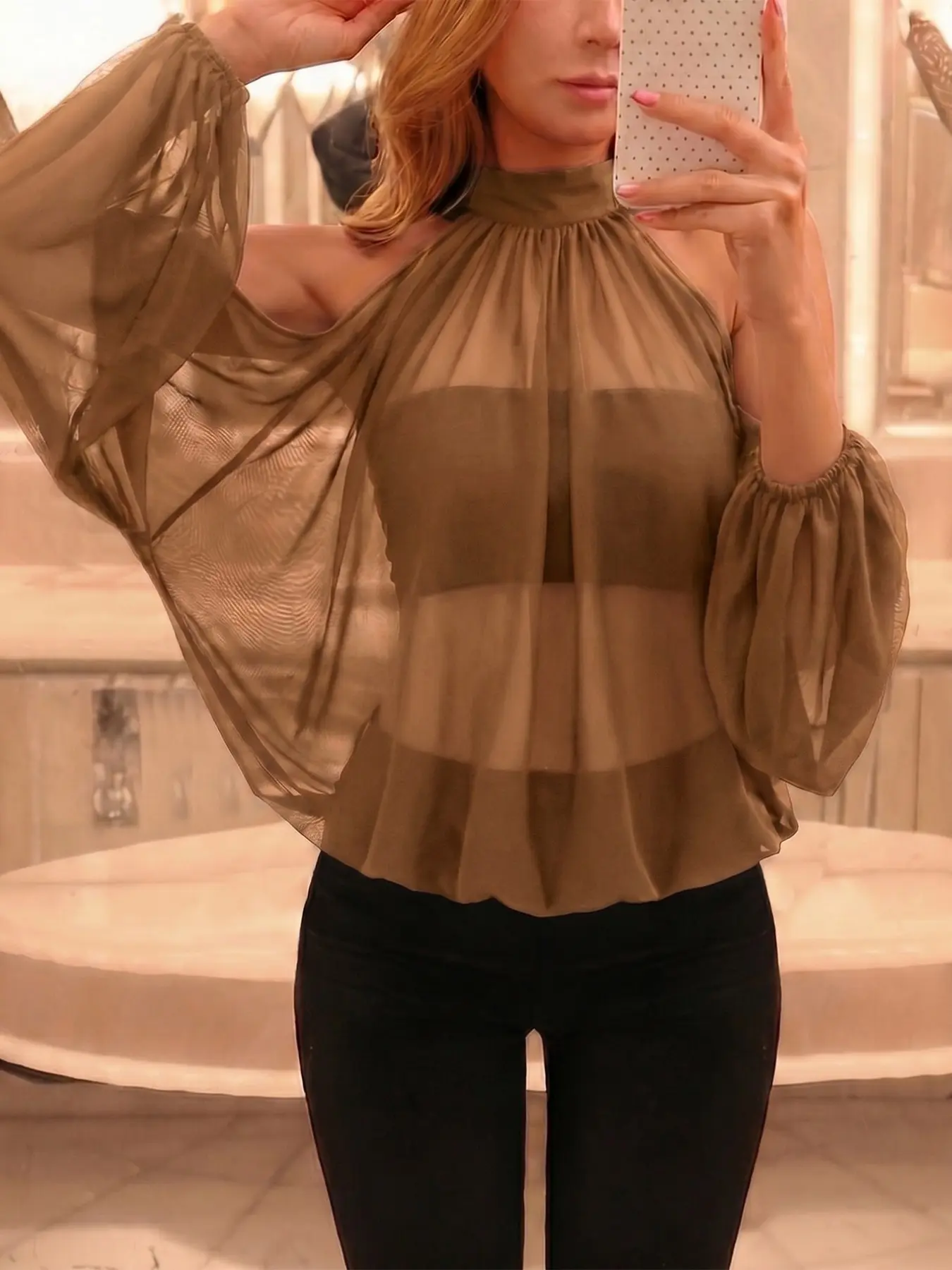 Women's Coffee Brown Sheer Chiffon Blouse Mock Neck Cold Shoulder Top Long Bishop Sleeve Loose Fit Elegant Shirt See Through Lantern Sleeve Pullover Top Sexy Going Out Party Date Night Chic Office Blouse Dressy Casual Fashion Top