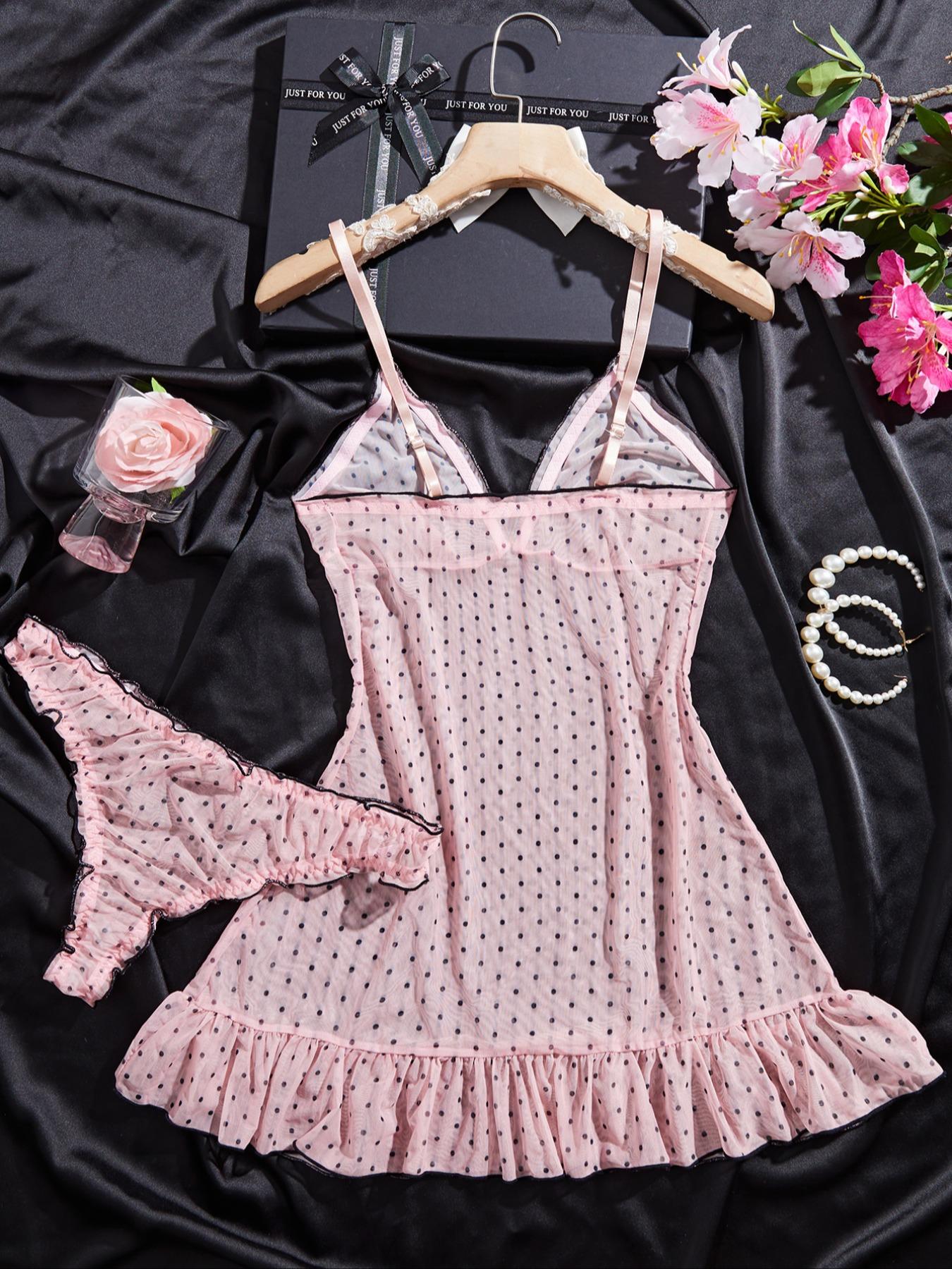Women's Sexy Elegant Pajama Set, Nightwear, Sleeveless, Polka Dot Ruffled Hem, Lightweight Knit Fabric, Semi-Transparent, Romantic Gift