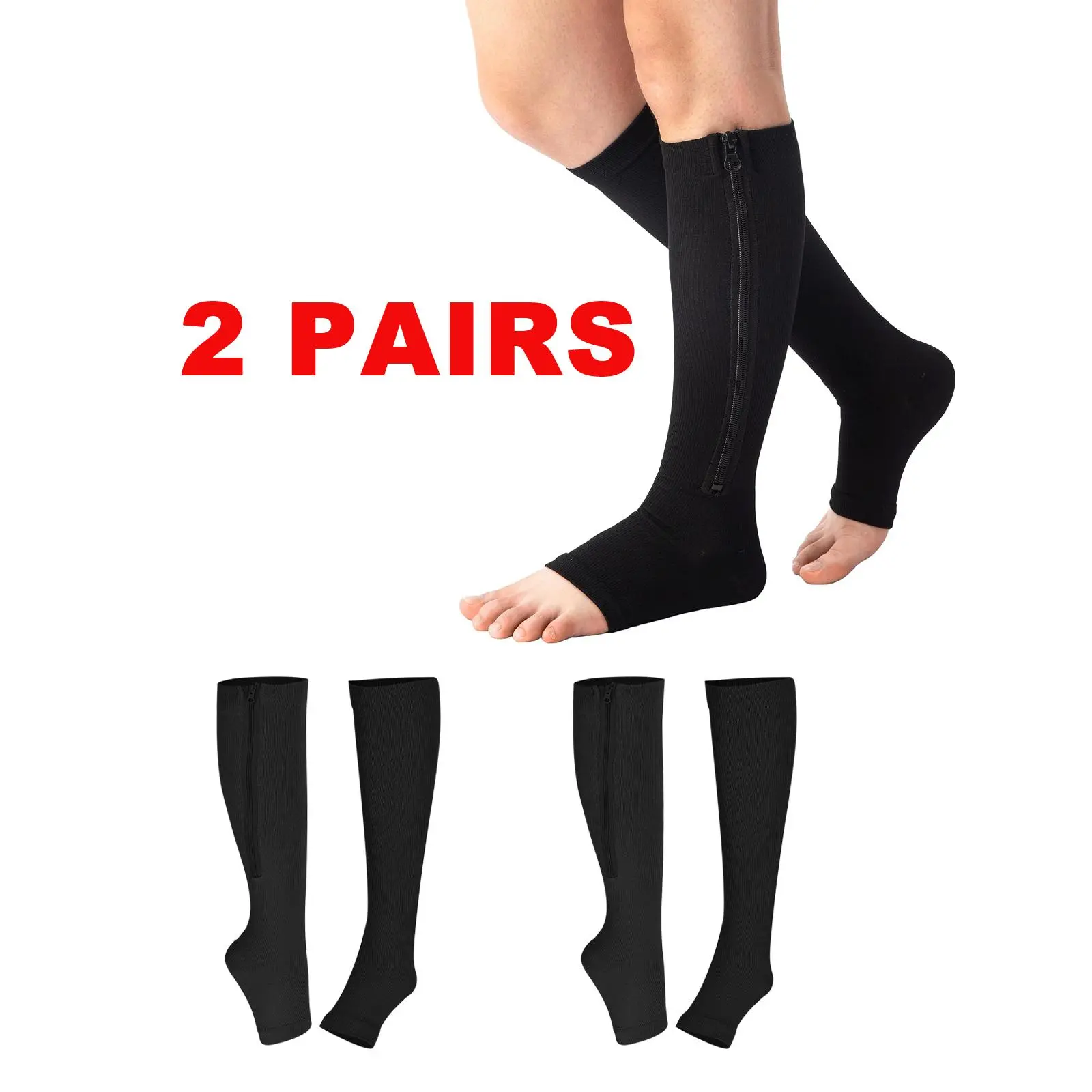 Unisex 2 Pairs Nylon Compression Stockings - Zipper Knee Support Sports Socks, Toeless Open Toe Sleeves, Easy On-Off Calf Support, Fitness for Everyone, Line Dry Sport Leg Socks, Nylon Sports Socks