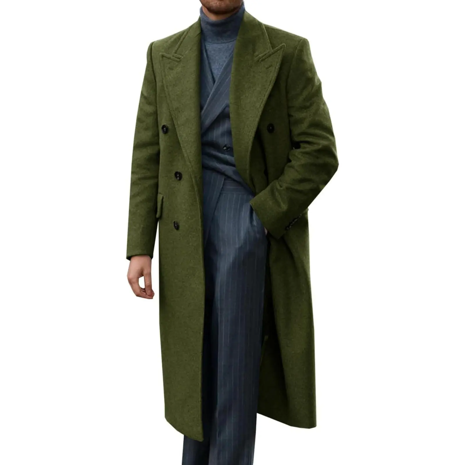 Aoysky Mens Wool Blend Casual Trench Coat - Menswear Tops, Notched Collar Lapel, Double Breasted, Plain Long Sleeve Classic Winter Overcoat