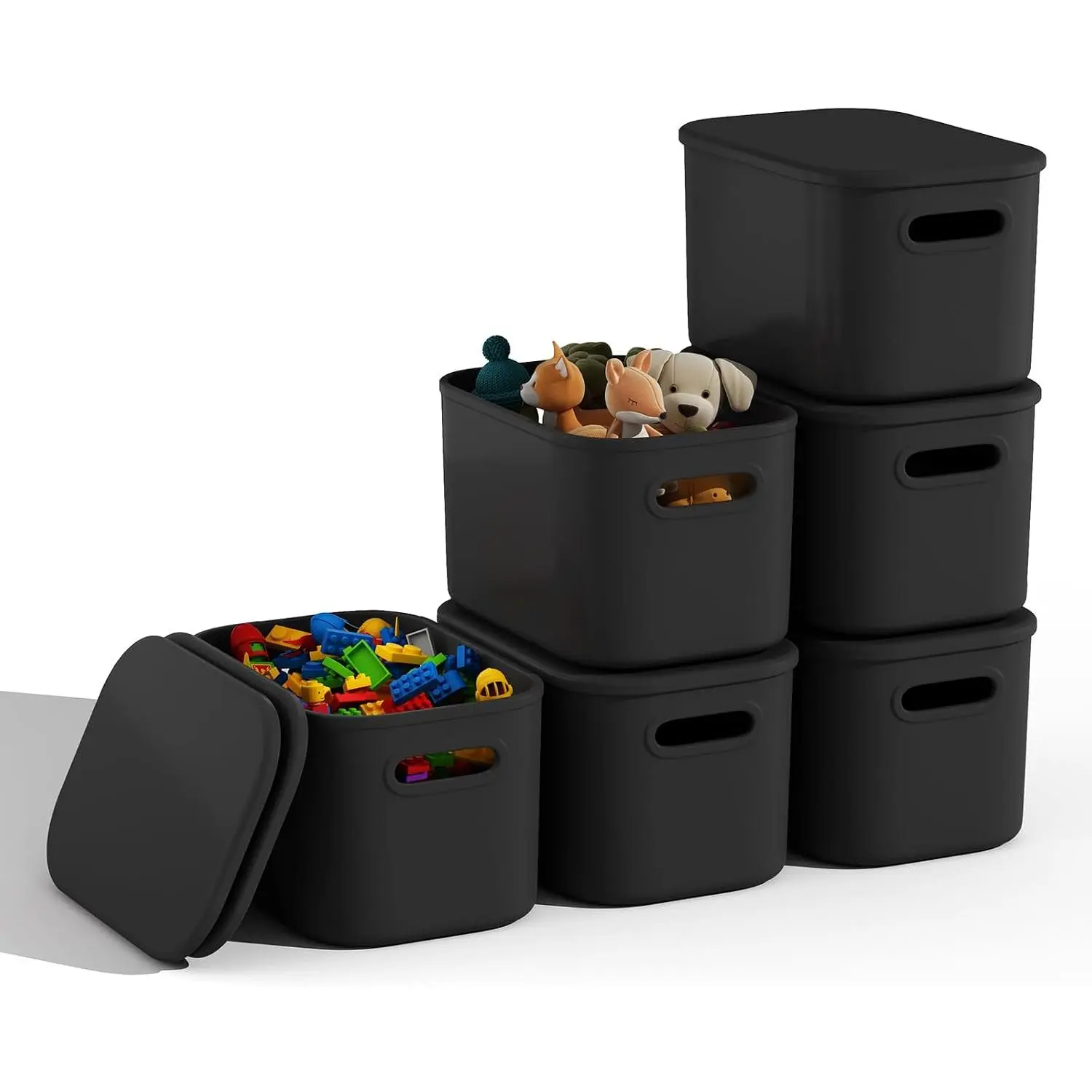 6 Pack Black Storage Bins with  for Shelves, Plastic Storage Containers with  for Organizing, Stackable Storage Boxes with Handle, Black Storage Bins for Classroom, Craft, Snacks