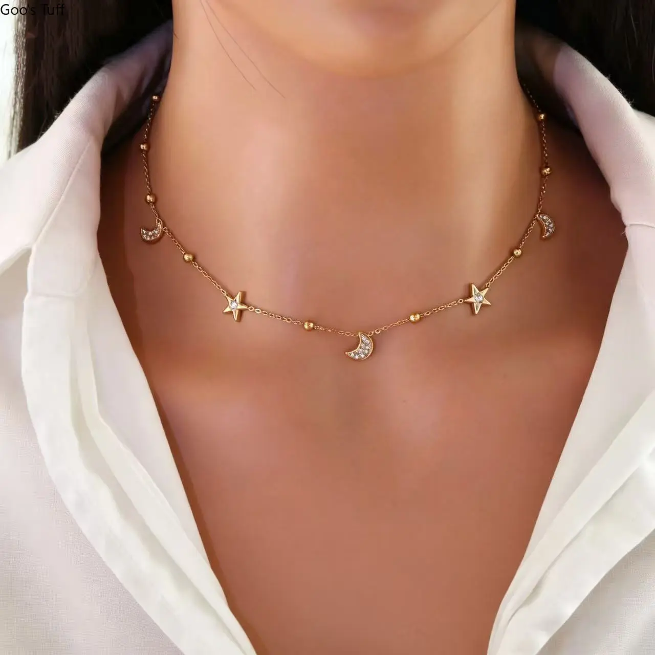 Women's Dainty Titanium Steel Pendant Necklace, White Zircon Moon-Star-Cross-Flower Design, Stackable Daily Fashion Jewelry Gift