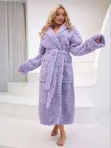 Women's Coral Fleece Heart Bathrobe, Womenswear Hooded Long Sleeve Sleepwear, Warm Thick Padded Robe with Adjustable Belt & Dual Pockets, Loungewear, Lady