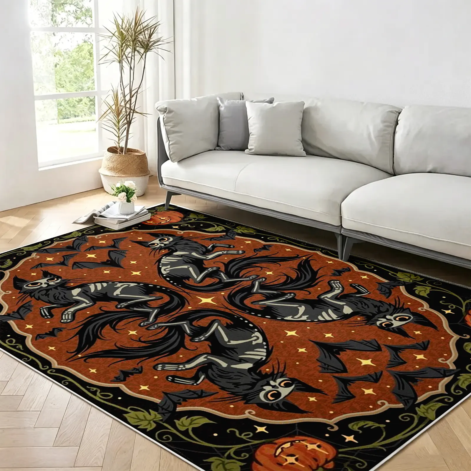8x10ft Vintage Halloween Area Rug, Spooky Skeleton Cat Bat Pattern, Non-Slip Machine Washable Soft Faux Cashmere Carpet, Stain-Resistant Floor Rug for Living Room Bedroom Decor, Halloween Room Decor