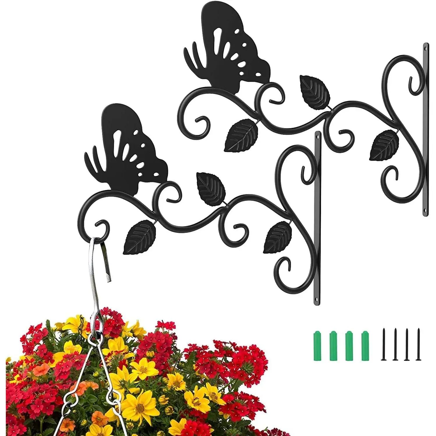 2Pack Hanging Plants Bracket Outdoor,12 Inch Plant Hooks for Hanging Baskets Wall-Mounted Gardening Bracket Hook for Bird Feeders,Flower Baskets,Lantern,(Butterfly)