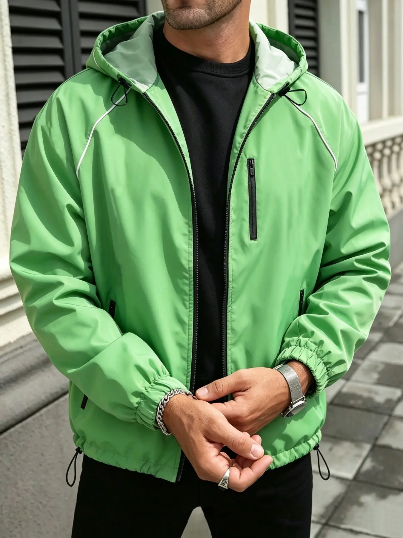 Men's spring and autumn hooded jacket with zipper cover, reflective lines and glow in the dark stripes, hip-hop streetwear combines fashion and functionality, suitable for daily and outdoor activities