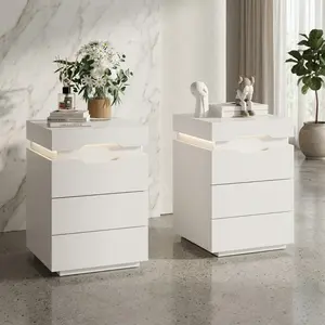 Set of 2 White MDF Nightstands with Remote Controlled RGB LED Lights, Hidden Sliding Drawer Charging Station Featuring 2 AC Outlets & 2 USB Ports, 3 Smooth Silent Drawers Bedside End Side Tables for Bedroom Living Room Home Decor