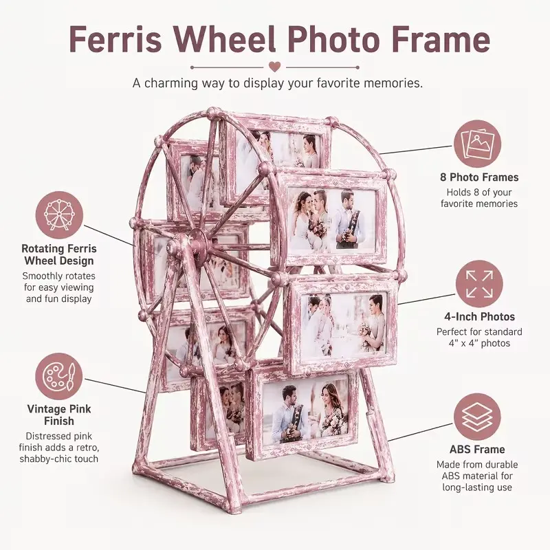 Rotating Ferris Wheel Photo Frame, Vintage Weathered 8-Slot 4-Inch Photo Holder, Home Decor, Family Memories, Gift for Birthday Valentine's Day, Vintage Picture Frames