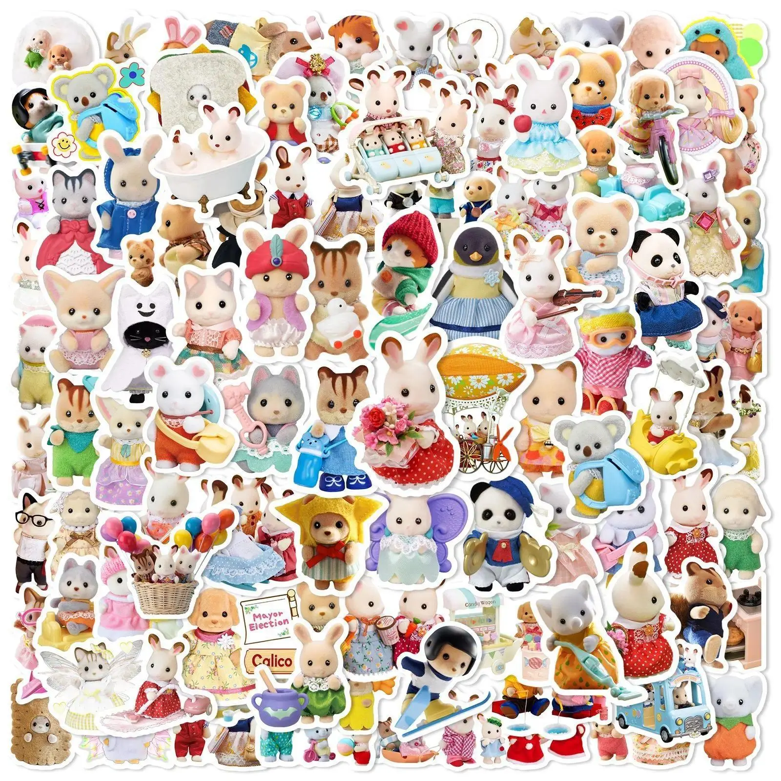 100pcs Cute Cartoon Small Calico Critters Stickers DIY Stickers Scrapbooking Phone Luggage Skateboard Waterproof Decals