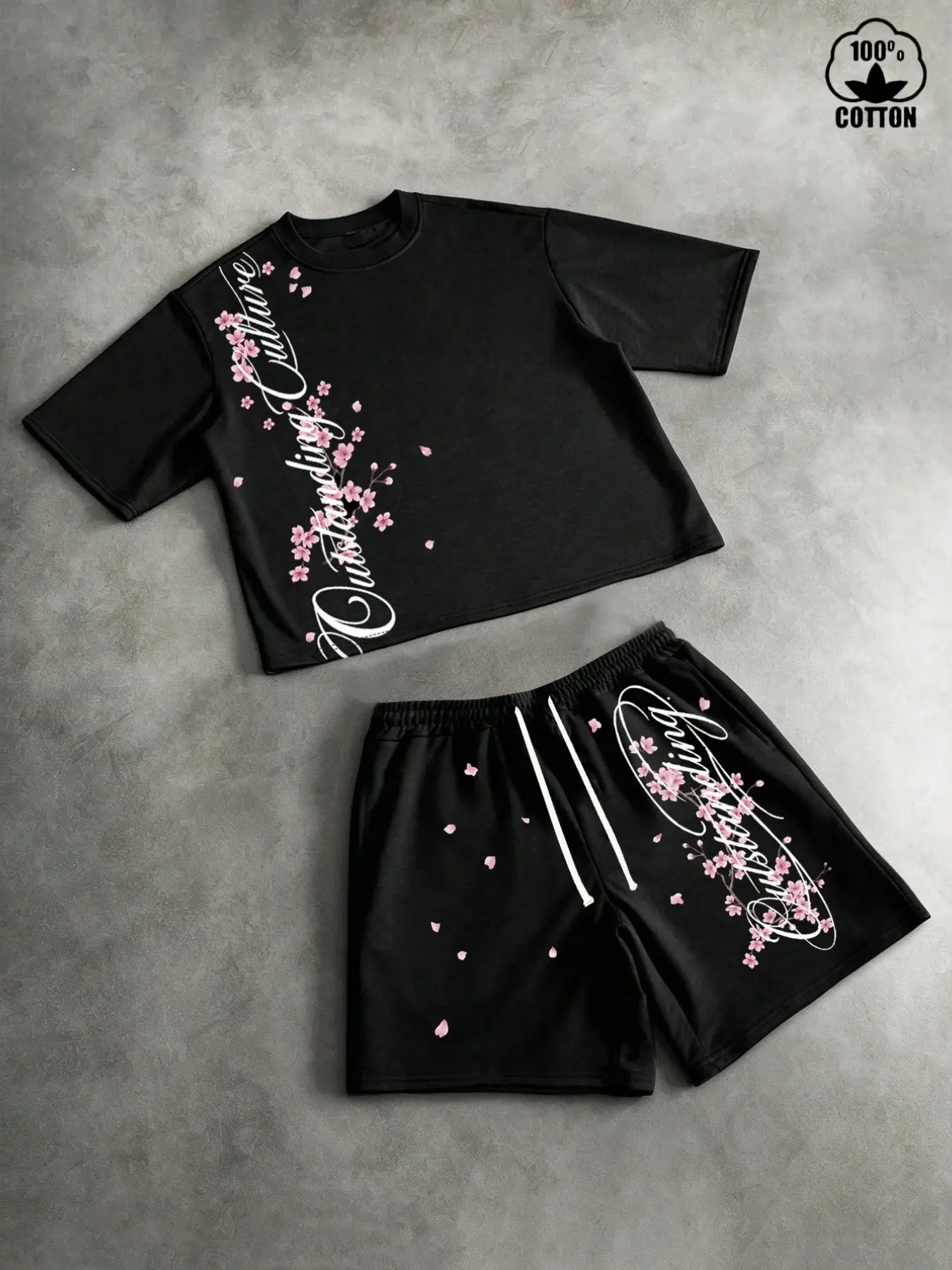 Unisex 100% Cotton Cropped T‑Shirt & Drawstring Shorts Set, Four‑Season Cherry Blossom Cursive Letter Print Outfit, Loose Fit Casual Streetwear Tracksuit For Teens Young Men Women, Ideal For Daily Wear, Beach Outing, Party, Loungewear, Rare Aesthetic