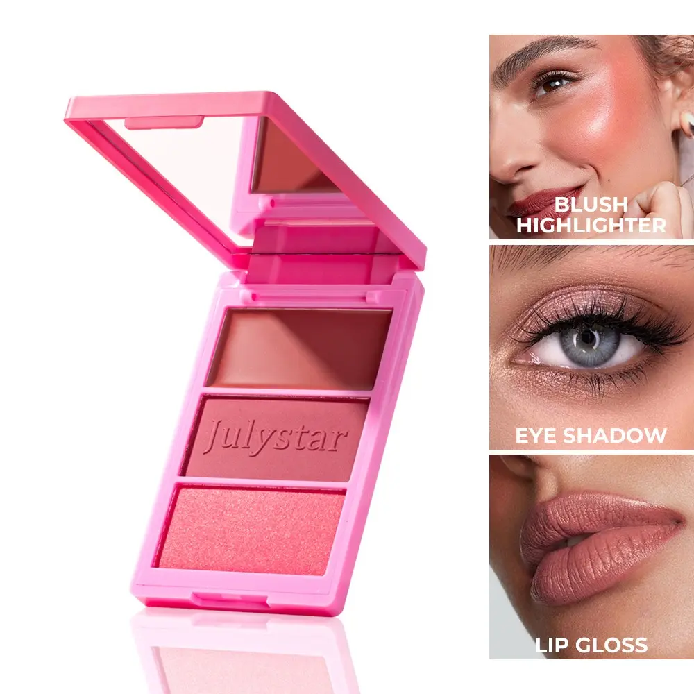 3 In 1 Multi Finish Face Makeup Trio, Satin Cream Blush + Velvet Powder Contour + Shimmer Highlighter Glow, 6 Shades Buildable Blendable Compact Palette, Multi-Use Everyday Versatile Makeup for Blush Eyeshadow Lip Makeup
