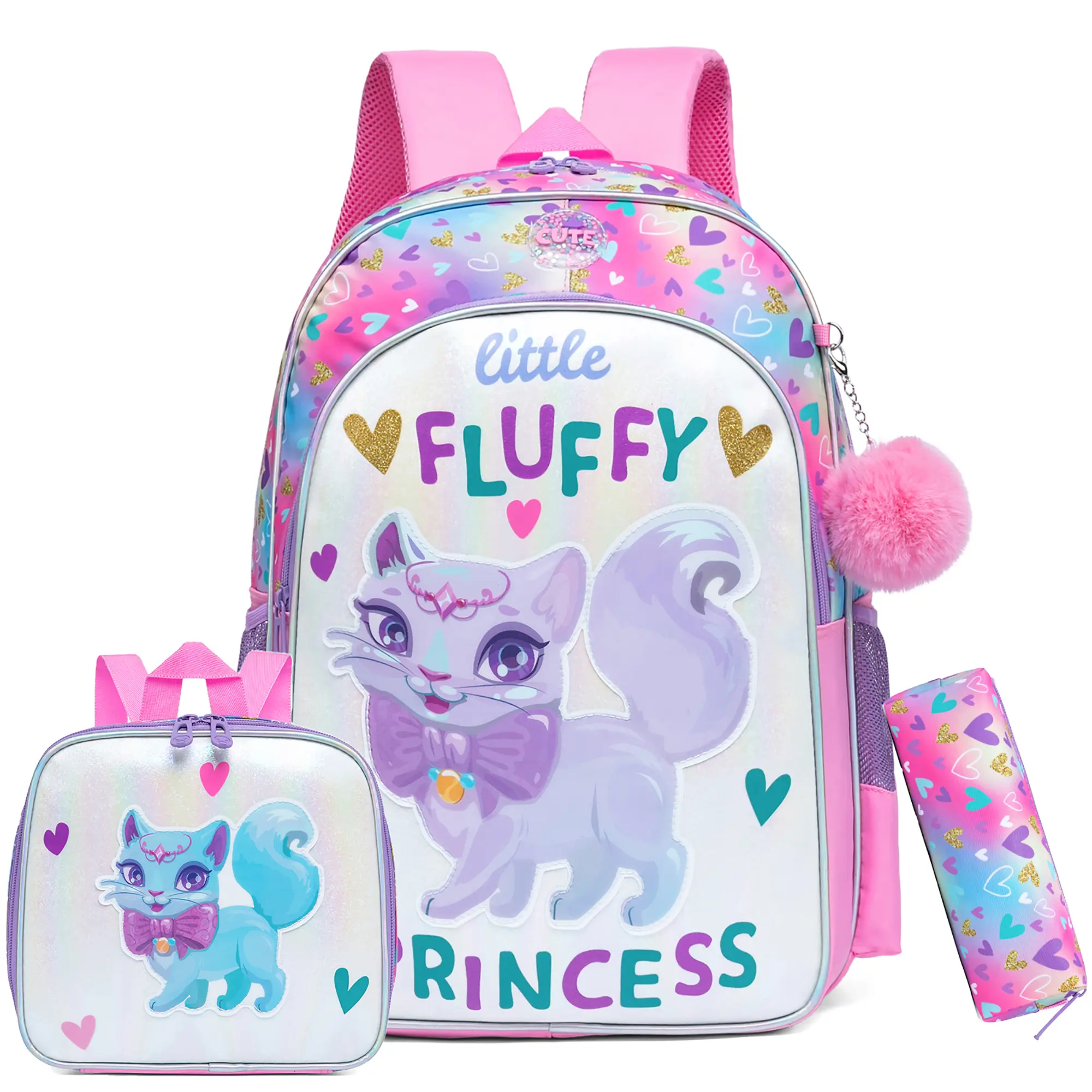 Girls' 3-Piece School Backpack Set, Backpacks for School, Shimmering Glitter Fluffy Princess Bookbag with Insulated Lunch Box & Pencil Case, Pastel Heart Design for Kids, Pattern Backpack Set, Cartoon Ombre