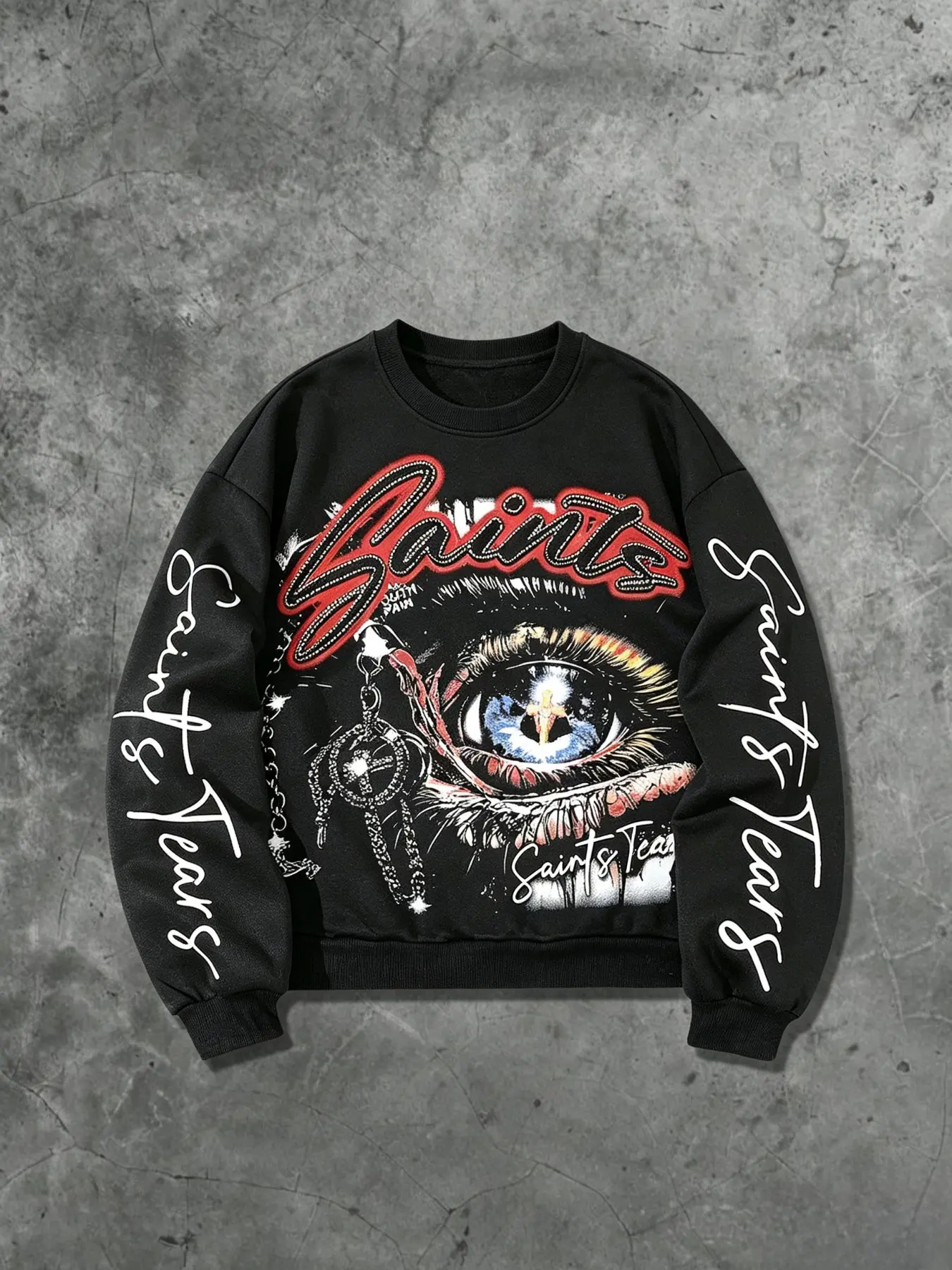 Men's Cotton Crew Neck Sweatshirt, Dark Y2K Eye Print, Rhinestone Letters, Arm Graffiti Design, Streetwear for Skate Parties