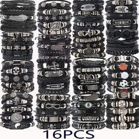 Men's 16pcs Fashionable Bracelet & Stackable Bangles Set, Handwoven Adjustable Unisex Casual Accessories Bundle, 16 Mixable Looks, Holiday Gifts for Boyfriends