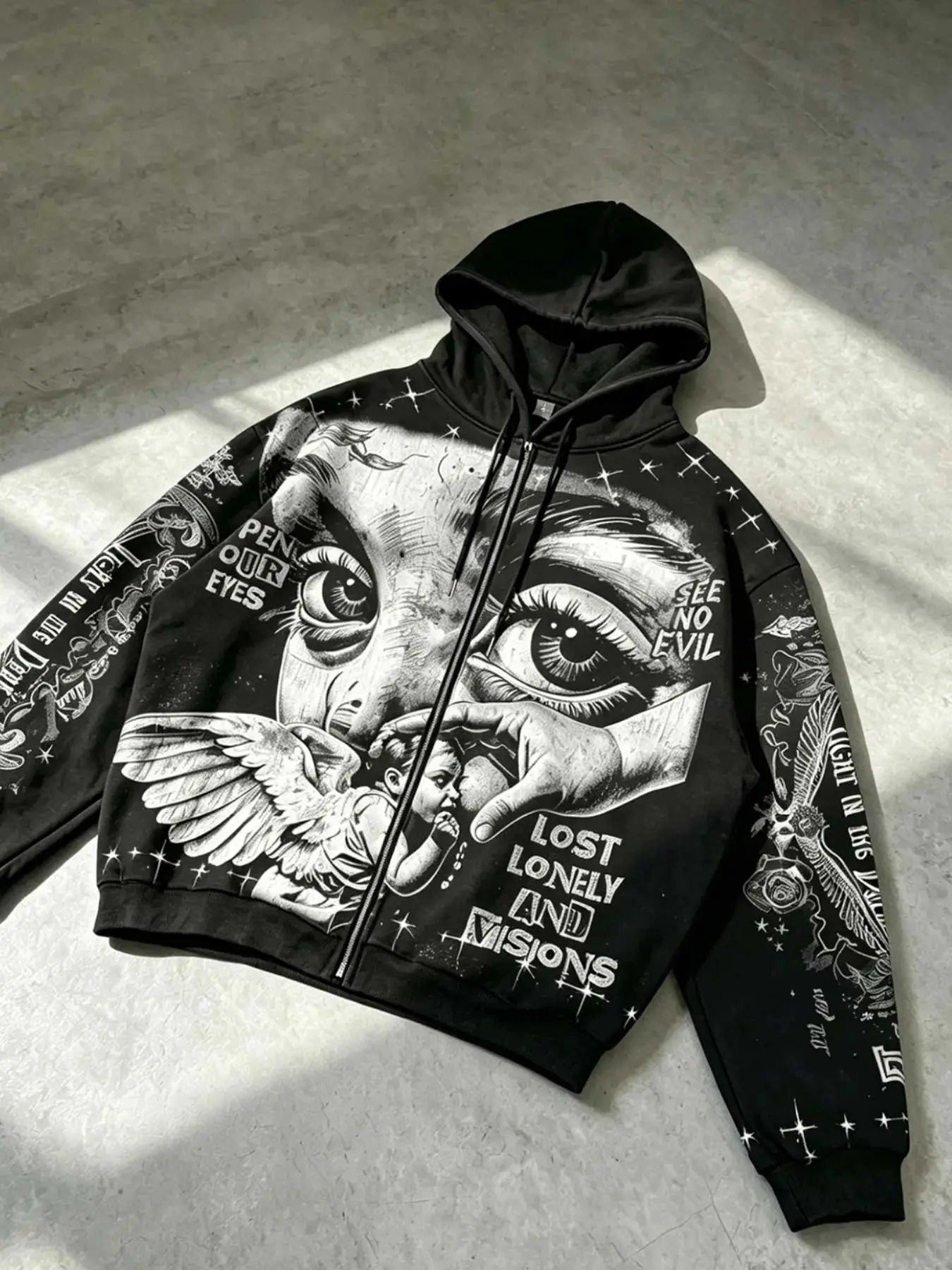 Men's Street Style Hooded Sweatshirt, Angel Eye Print, Long Sleeve, Zip Up, Fall & Winter, Casual Slim Fit, Casual Print Hoodie, Y2K Trendy Jacket