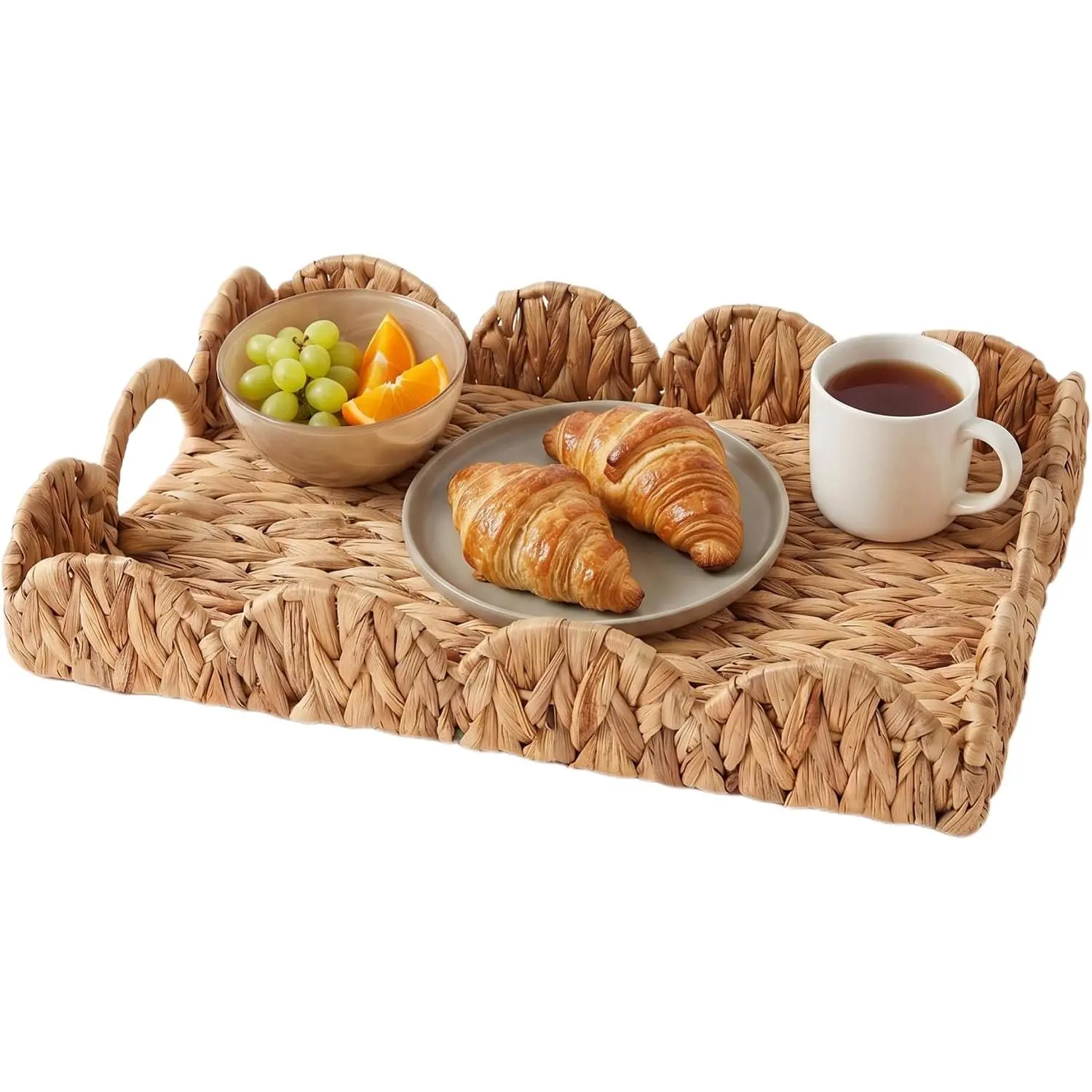 Scalloped Edge Rectangle Wicker Tray with Handles - Rattan Basketry Tray for Decorating Bathroom, Organizing Items, Home Storage