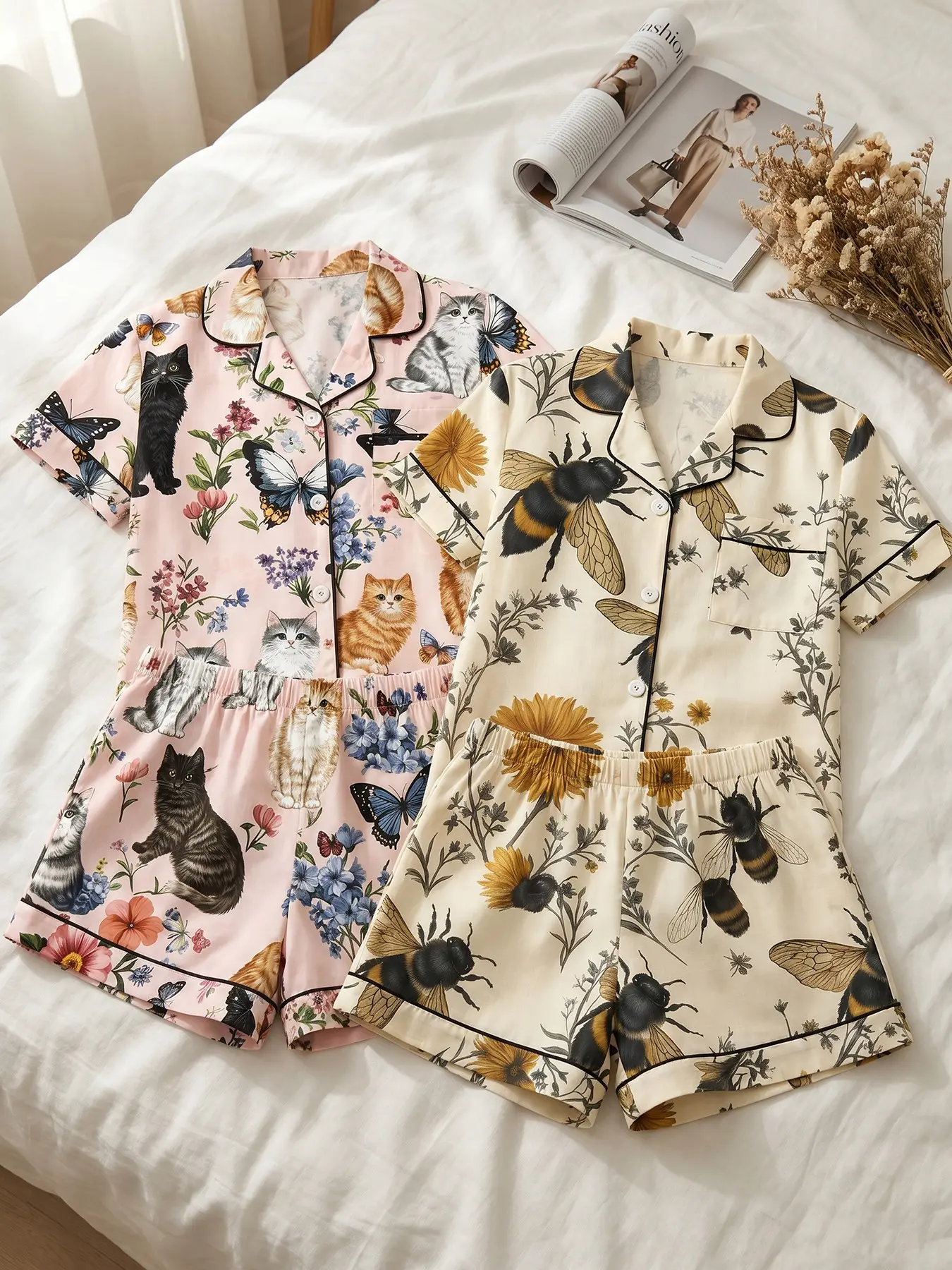 2‑Pack Women Button‑Down Short‑Sleeve Top & Shorts Pajama Set, Wear All Seasons, dark academia vintage cat bee butterfly floral print loungewear, cozy sleepwear for bedtime unwind & peaceful relaxing stay‑at‑home leisure