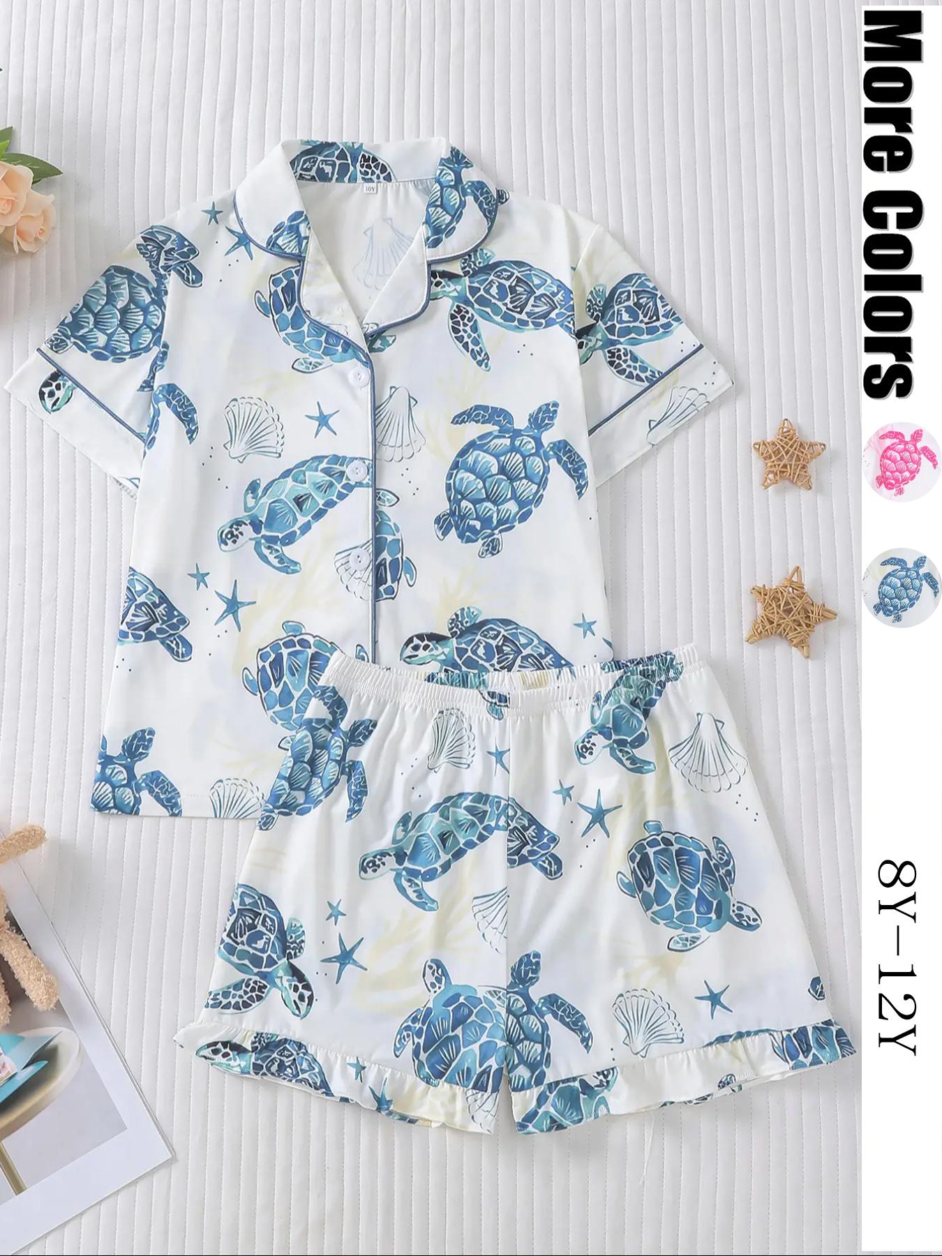 Kids Cartoon Star Turtle Print Pajama Two-piece Set, Cute Comfy Short Sleeve Lapel Neck Pj Set, Kids Sleepwear for All Seasons, Sleepwear Pajamas