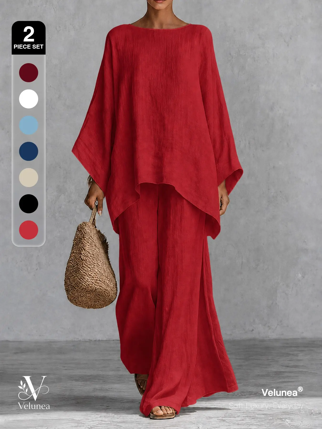 | 2-Piece Set | Velunea Women’s Elegant Wide Leg Pants Set, Draped Cape Top and Flowing Trousers Matching Outfit, Minimalist Resort Wear for Vacation and Everyday Chic