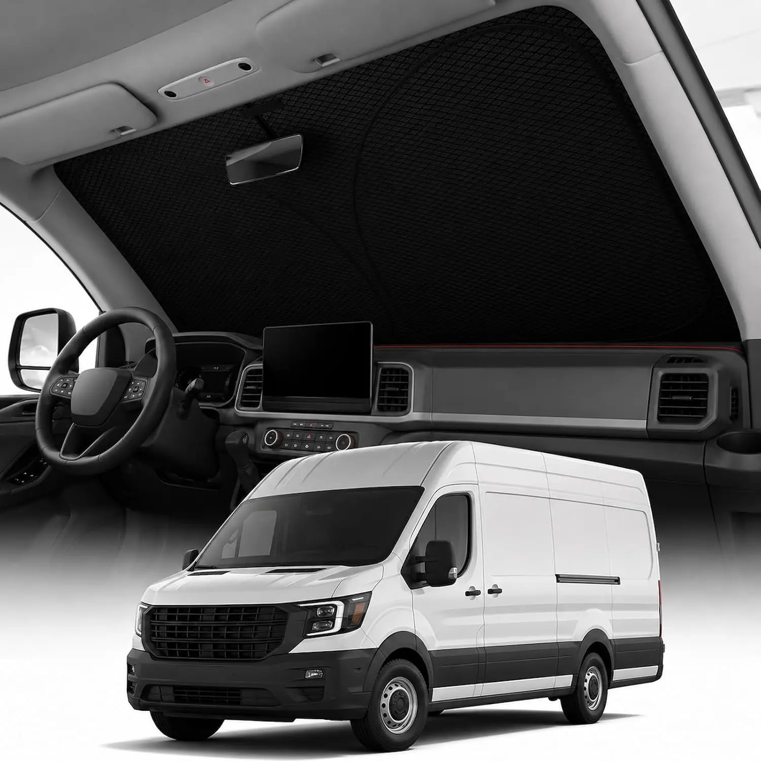 REEVAA 2026 3rd Pro Polyester Windshield Sunshade for 2015-2025 Ford Transit, Dual-Layer Heat Defense, OEM Design, Foldable Car Exterior Accessory with Storage Bag