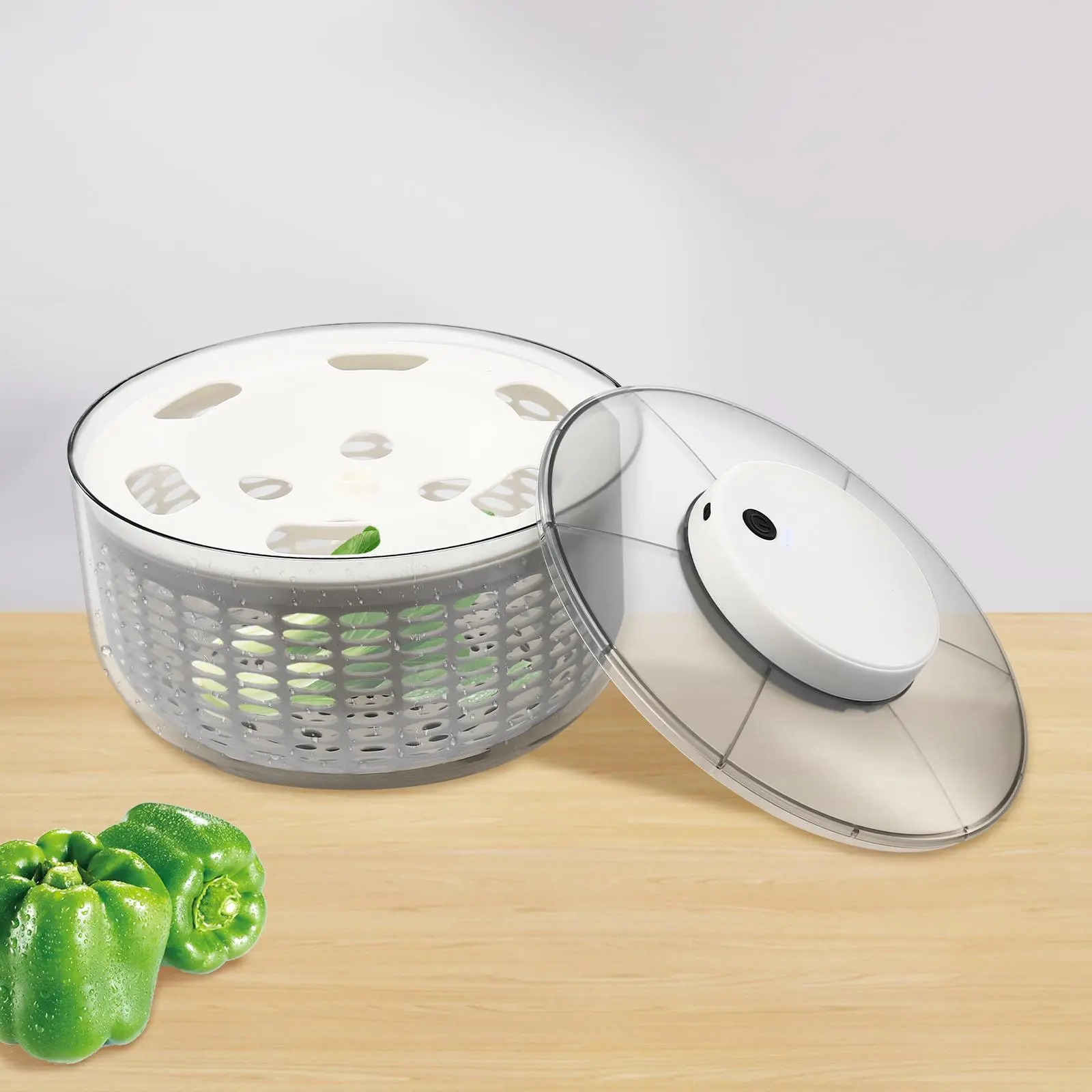 Premium Countertop Corded Electric Salad Spinner-Vegetable Dehydrator, PP/PS Round Body, 6W Power, Rotatable, 0.8kg, 26*15cm/10.24*5.91in, 6L/6.34Qt, DC 5V, Effortless Washing and Drying, Kitchen Utensil for Cooking Enthusiasts