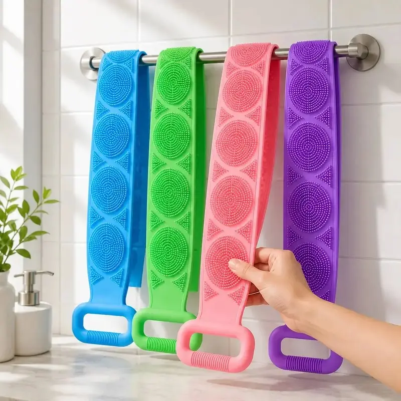 1pc/4pcs Silicone Bath Brush, Dual-Sided Back Scrubber with Sponge Net, Long Handle Soft Bristles, Home Body Cleaning Tool, Full Body Care