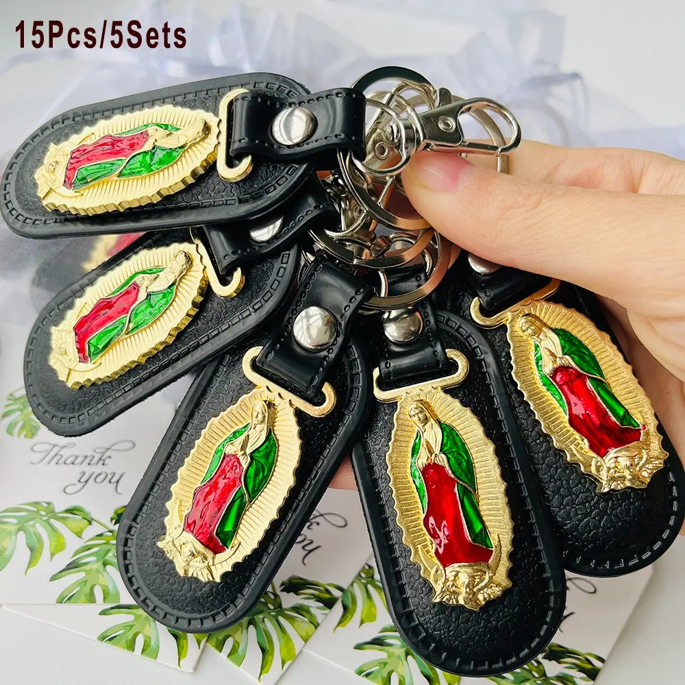 15Pcs/5Sets Painted Virgin Mary Amulet Faux Leather Keychains, Keyrings For Keys Party Gift Set, For Bulk Religious Gifts, Christmas Gifts, Easter Gifts, Catholic Souvenirs, Baptisms, Weddings, Confirmations