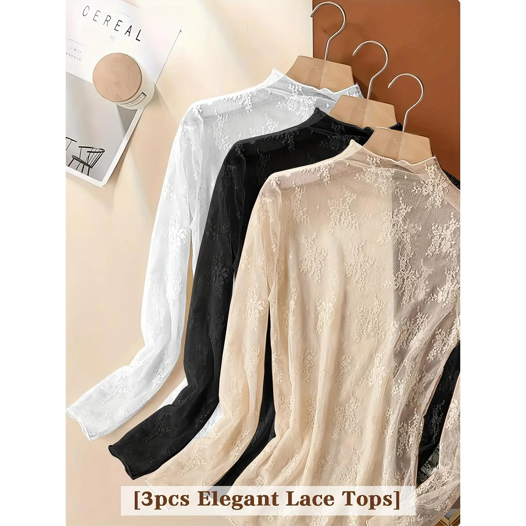 Women's 3pcs Chic Spandex Lace Knit Blouses - Cloud-soft Knit Fabric, Semi-sheer Allure, High-stretch, Cutout Design, Evening Date Night Essential