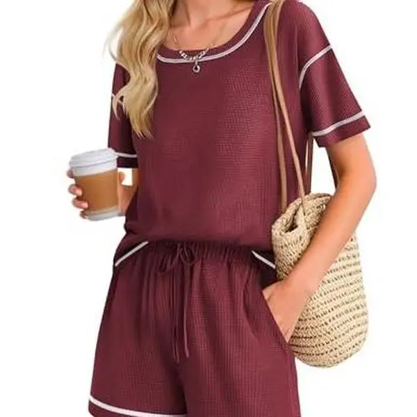 Women Lounge Set 2 Piece Waffle Knit Pajama Set Matching Outfits Shorts Set Comfy Sleepwear Loungewear with Pockets