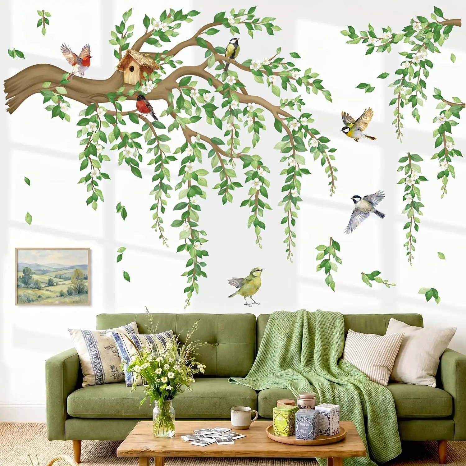 Large  Vine Tree Branch (XXL) Wall Stickers Green Leaf Flower Birds Wall  Living Room Bedroom Tv Background Self-Adhesive  Decor Stickers
