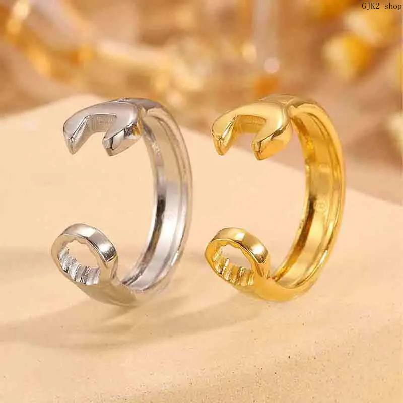 Gold Tone Tool Wrench Open Cuff Ring, Adjustable Mechanic Wrench Shaped Band Ring For Men Women
