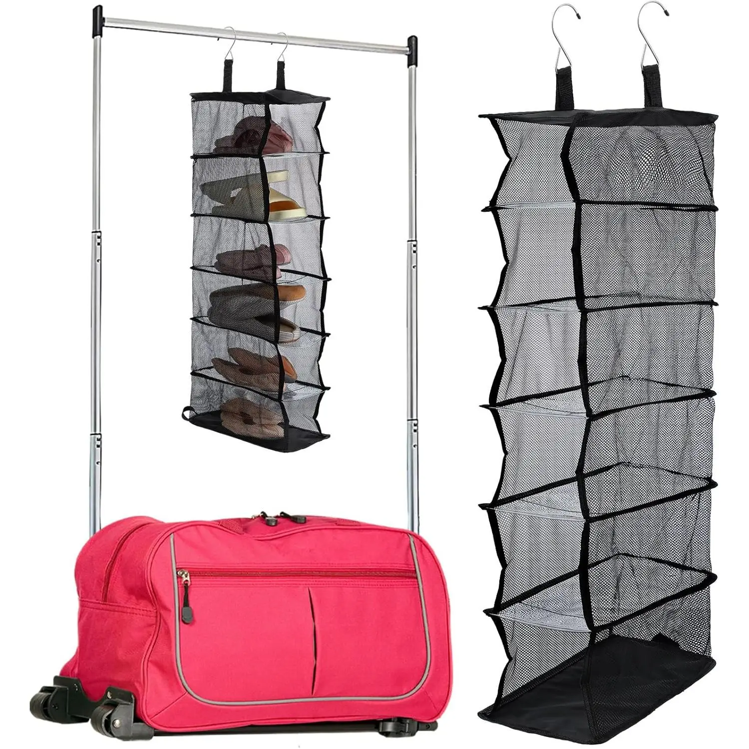 6-shelf Collapsible Hanging Shoe Organizer for Dance Bags, Hanging Shoe Rack with Transparent Shelves and Mesh Sides, Travel Backstage Dance Bag Accessories