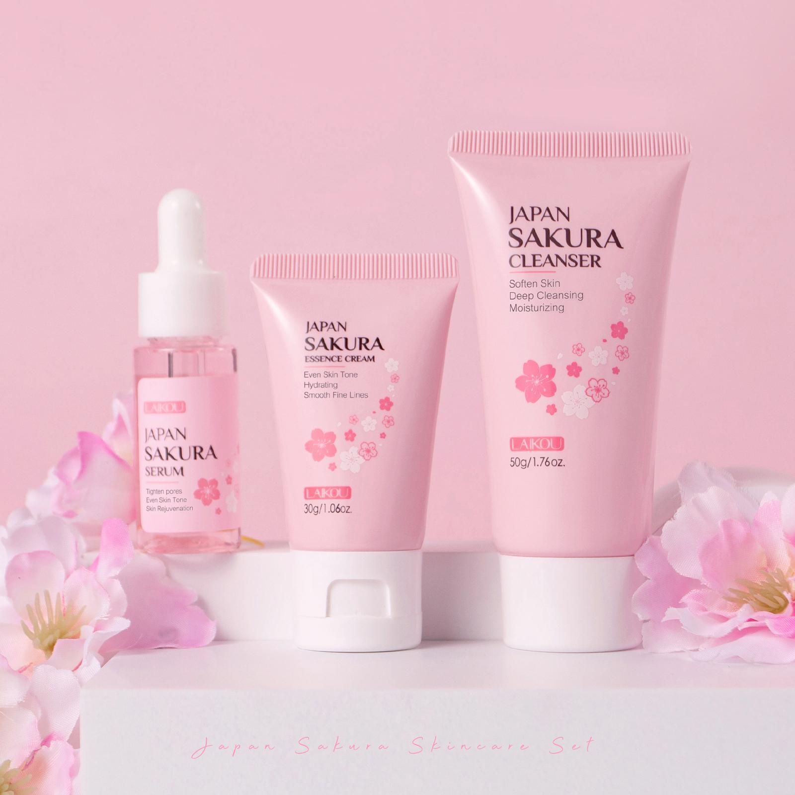 Sakura Facial Skincare Kit, 1 Count Moisturizing Sakura Essence Serum & 1 Count Brightening Sakura Eye Cream & 1 Count Soothing Sakura Face Cream, Hydrating Skincare Kit for Women, Hydrate