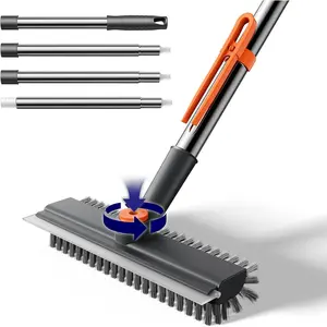 Adjustable Long Handle Small Floor Scrub Brush 3 in 1 Heavy-Duty Stiff Bristle Scrubber with Squeegee Tweezer for Cleaning Bathroom Tile Deck Patio Garage Kitchen