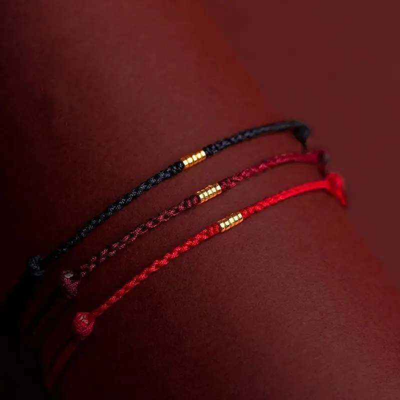 Women's Charm Bracelet - Handmade-Style, Gold Round Beads, Red Braided Alloy Rope, Adjustable Size, Elastic Bangle, Lucky Lover's Gift, Exquisite Fashion Jewelry