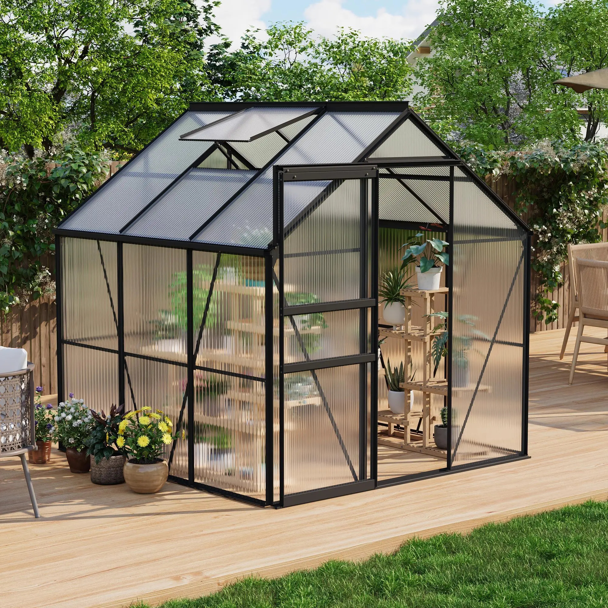 Outdoor Greenhouse, Polycarbonate Green House with Aluminum Frame, Sliding Door & Adjustable Roof Vent, Heavy Duty Garden Greenhouse for Backyard Patio Lawn, 6X6FT